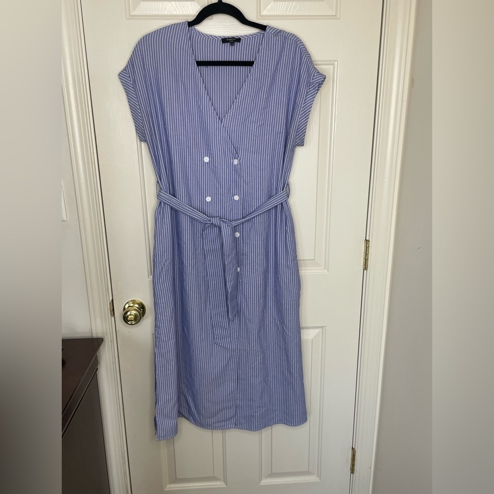 FRNCH Paris Blue & White Striped Belted Midi Dress – Button Front Wrap Style S/M